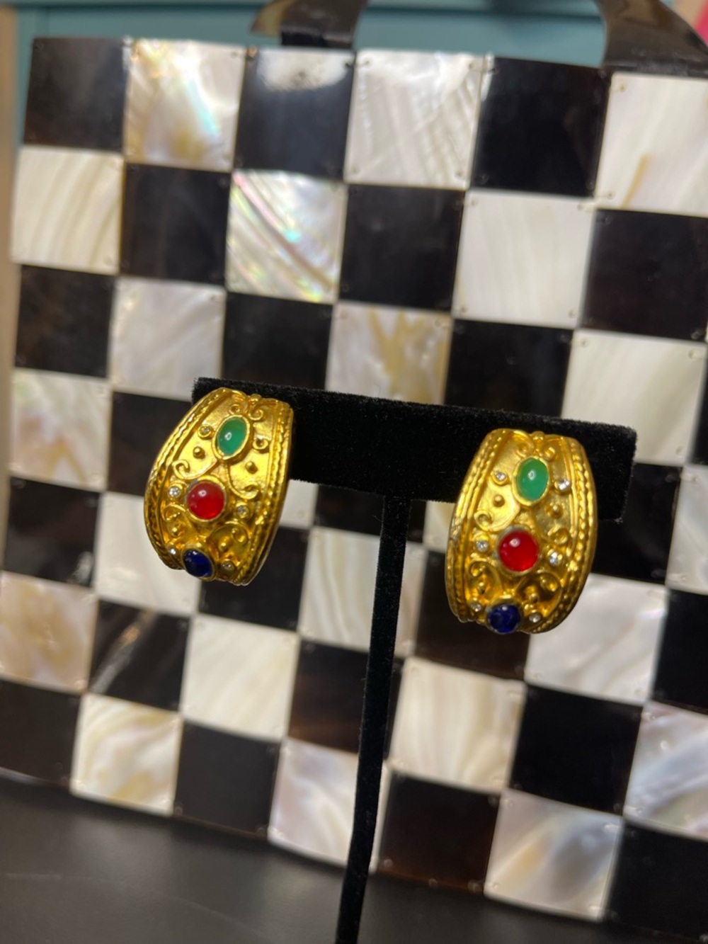 1980’s Gripoix Gem Edouard Rambaud Style Clip Earrings - 80s VTG Brushed Gold